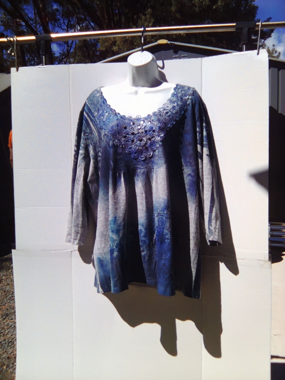 Blue Floral Lace-Trim Women's Tunic Top